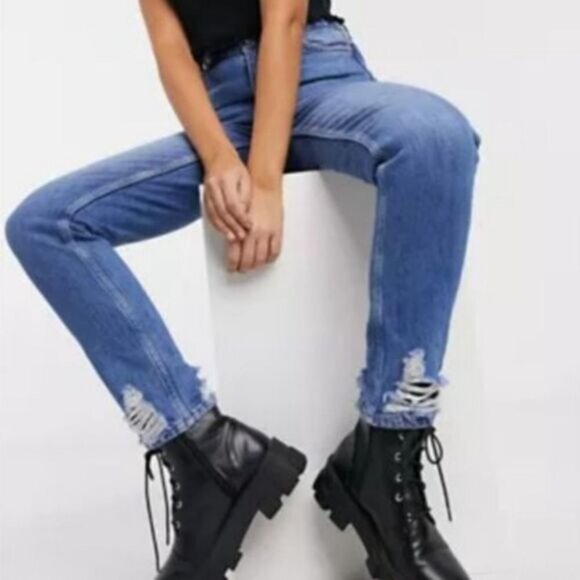 TOPSHOP | Mom Jean High Rise Distressed Blue Mid Wash Sz 25 Flawed - Picture 14 of 14